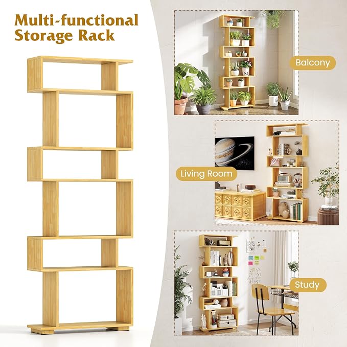 Tangkula 6-Tier S-Shaped Bookshelf, 64" Freestanding Geometric Bookcase, Home Office Wood Storage Shelf with Anti-Toppling Device, Room Divider Display Rack for Study, Living Room (1, Burlywood)
