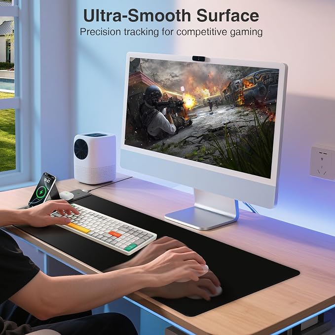 Wireless Charging Mouse Pad with Foldable Phone Holder, 31.5"x15.8", Black | Extended Desk Mat for Laptop/Keyboard, Waterproof Ultra-Smooth Surface, Non-Slip Base & 20W PD Adapter
