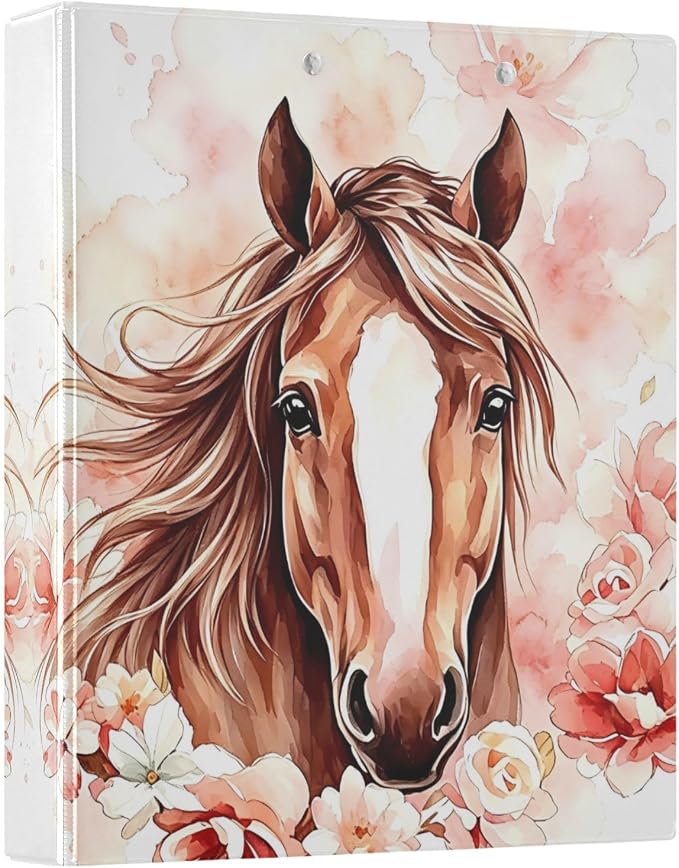 3 Ring Binder Brown Horse Watercolor Flower 1.5" Round Ring Binders View Binder with 200 Sheet for Kids School Supplies Women Men Office, 1 Pack