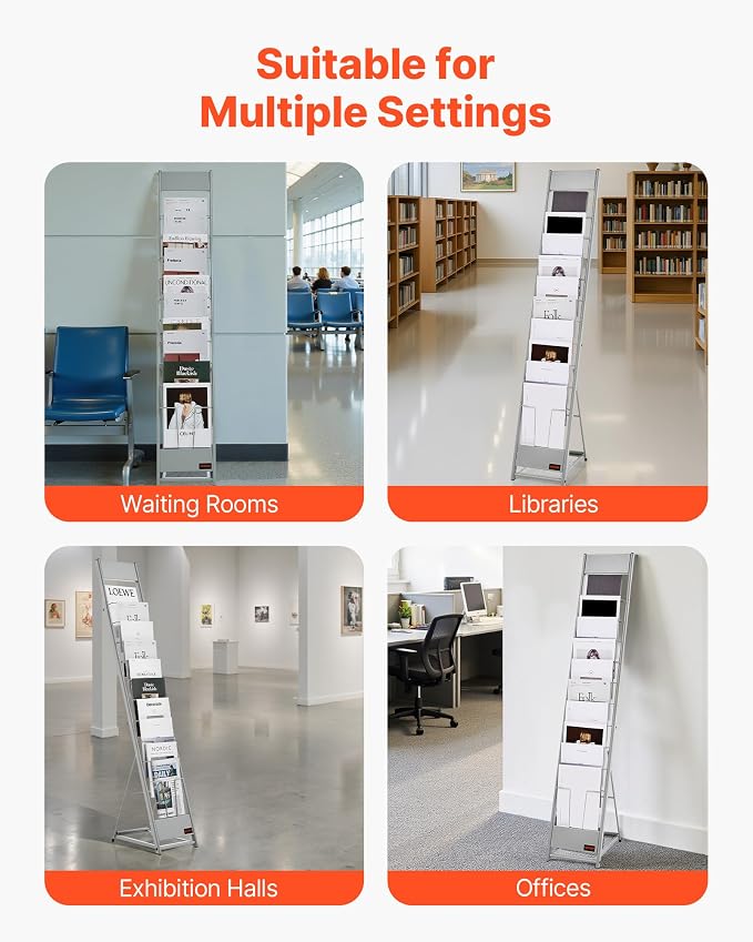 VEVOR Brochure Display Rack, 10 Pockets Magazine Literature Display Stand, Portable Floor Standing Magazine Rack, Metal Newspaper Catalog Holders for Shop, Exhibitions, Office, Trade Show, Silver