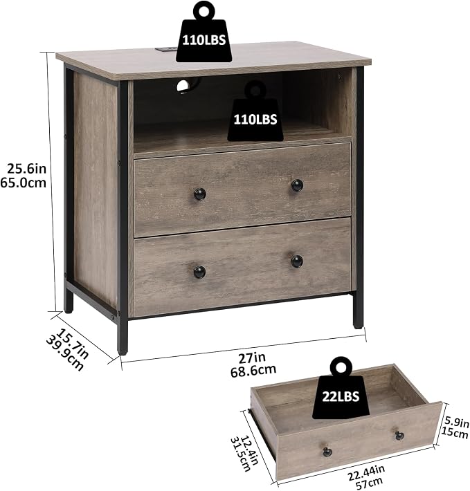 27 Inch LED Nightstand with Charging Station, 2 Drawers, Gray | RGB App Control, 2 AC Outlets & 2 USB Ports, Open Storage, Adjustable Feet, Wood Tall Nightstand for Bedroom or Office