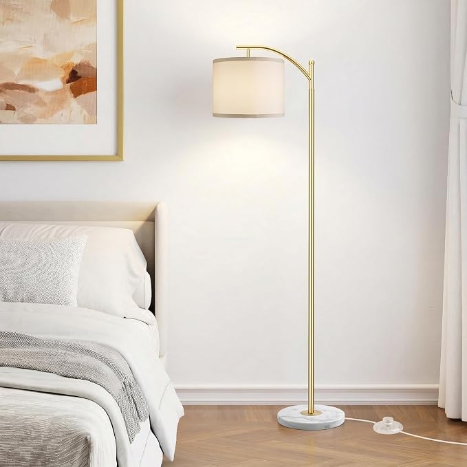 ROTTOGOON Gold Floor Lamp for Living Room with Marble Base, Modern Standing Lamp with 3 Color Temperatures Bulb & Adjustable Linen Shade, Tall Lamp for Bedroom Office Reading Nursery
