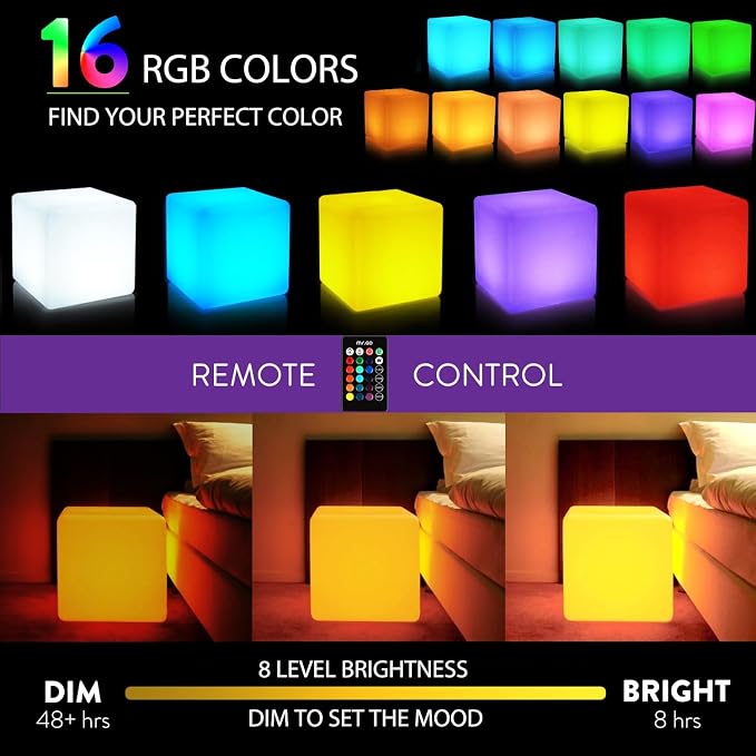 Mr.Go 16-in Rechargeable LED Cube Chair Light, 16 RGB Colors Glow Cube Seat | Waterproof LED Cube Table, Color Changing Cubes Floor Lamp w/Remote, Home Bedroom Patio Party Decorative Lighting