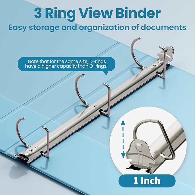 SUNEE 3 Ring Binder 1 Inch D Ring, Clear View Binder Three Ring PVC-Free (Fit 8.5x11 Inches) for School or Office Supplies, Sky Blue, 1 Pack