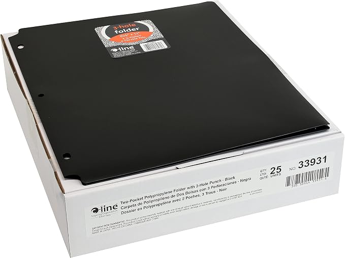 C-Line Two-Pocket Heavyweight Poly Portfolio Folder with Three-Hole Punch, Box of 25, Black (33931-25)