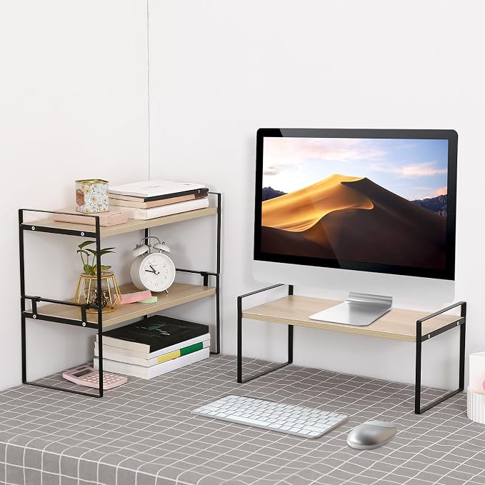 YGYQZ Desk Shelf Organizer for Top of Desk, 3-Tier Desktop Bookshelf, Black & Wood