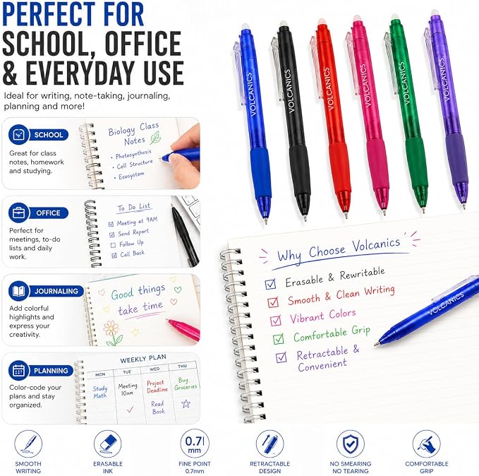Volcanics Retractable Erasable Gel Pens, 24 Pack, 6 Colors, 0.7mm