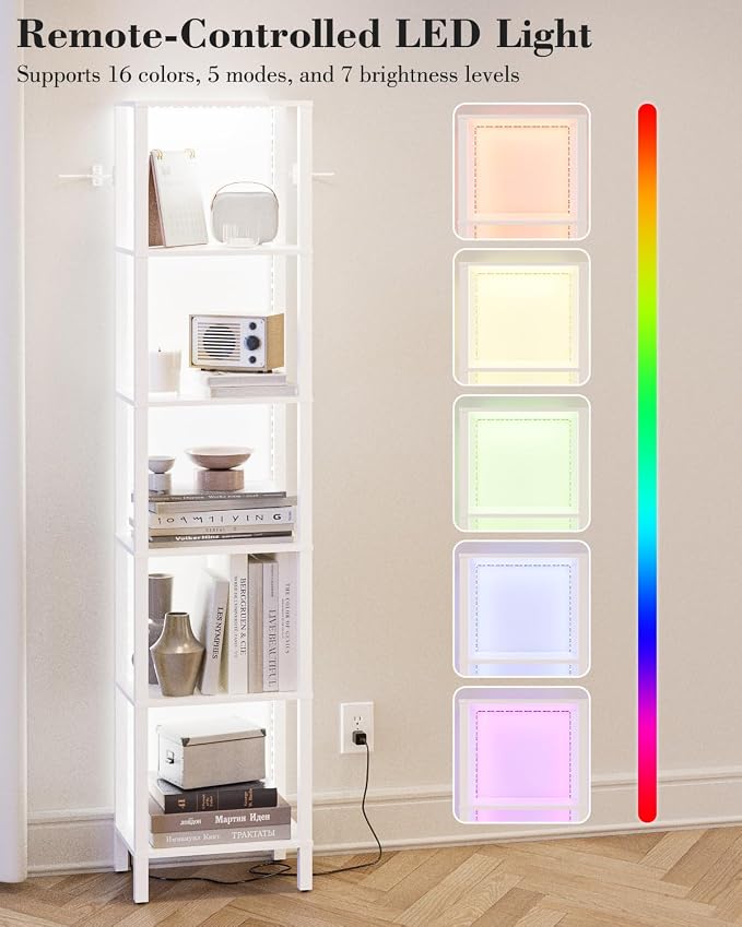 Open Book Shelf with LED Lights, 6 Tier Tall Bookshelf, Narrow Bookcase with Open Shelves, 14.57" x 10.63" x 65.83", Book Shelves for Living Room, Office, Study, White