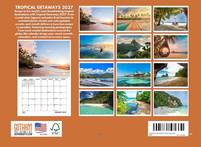 Vacation Calendar 2027 Tropical Getaways Spots Monthly Wall Calender 12 Month