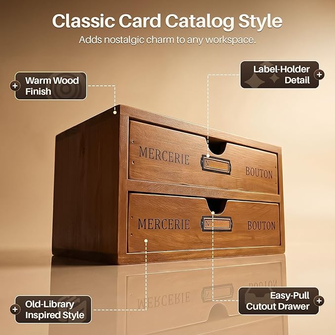 Flexzion Wooden Storage Box with 2 Drawers, Vintage Desktop Organizer | Compact Desk Organizer with Drawers for Office Supplies, Mail, Crafts and Vanity Items; 9.6 X 6.6 X 4.9 In; Fully Assembled