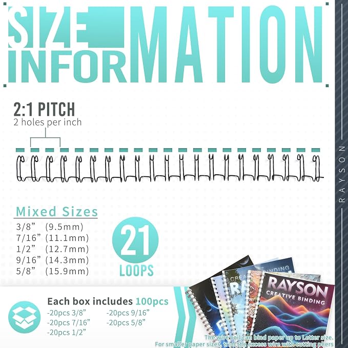Rayson Wire Binding Spines, 2:1 Pitch, 21-Loop Black, Mixed Sizes, 100 Pack | Includes 3/8", 7/16", 1/2", 9/16" and 5/8" sizes; black 2:1 pitch wires for compatible wire binders.