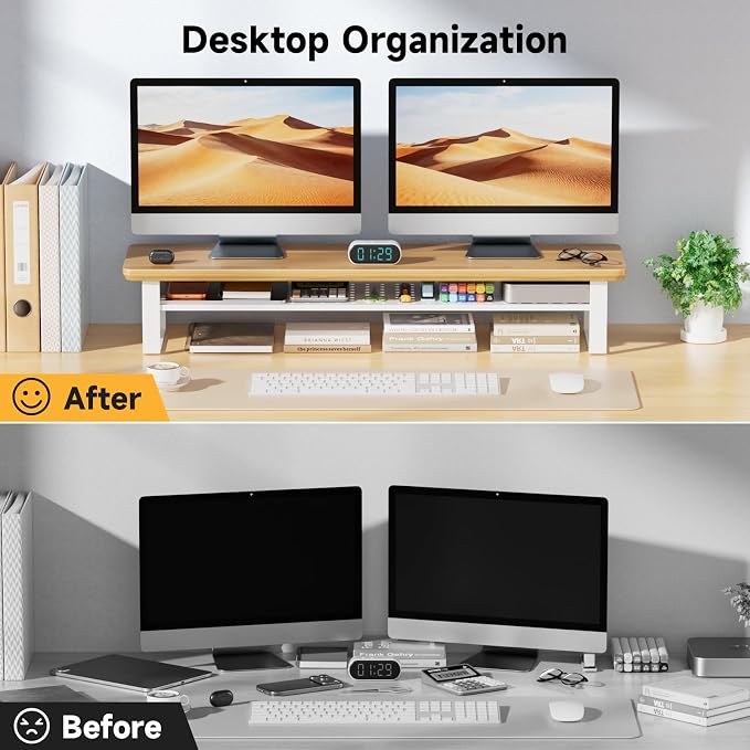 Dual Monitor Stand, 35.4 Inch Monitor Stand Riser for 2 Monitors, 2 Tiers Wood Desk Shelf with Storage, Desktop Organizer Stand for Computer, Laptop, Printer, TV