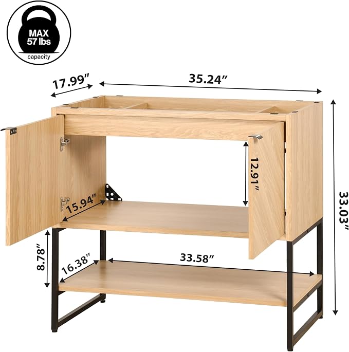 JONATHAN Y Juhl 35" Chevron Freestanding Bathroom Vanity Cabinet, Oak | Modern Minimalist Design, 18" Deep 33" Tall, 2 Soft-Close Doors, Interior And Open Shelves, Sink Not Included