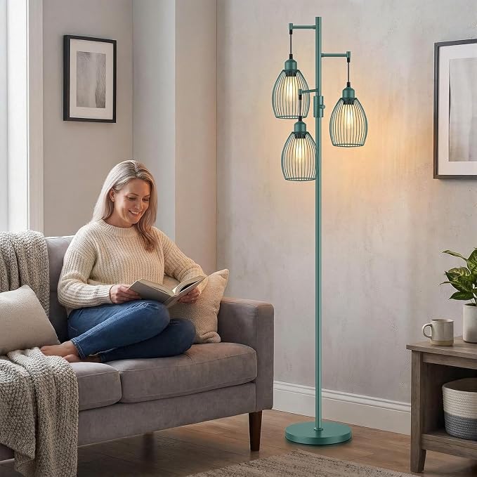 Dimmable Floor Lamp, Industrial Floor Lamps for Living Room, Green Tree Lamp Standing Lamp Tall Lamps with 3 Elegant Teardrop Cage Head & 800 Lumens LED Bulbs for Living room Bedroom Dining Room