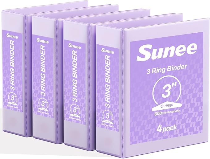 SUNEE 3 Ring Binder 3 Inch 4 Pack, 3" Clear View Binder Three Ring PVC-Free (Fit 8.5x11 Inches) for School or Office Supplies, Purple