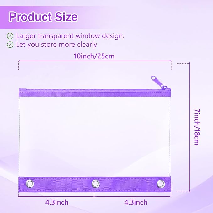 24 Pack Pencil Pouches for 3 Ring Binder Bulk Enlarge Clear Window Pencil Pouches Zipper Pen Case 3 Reinforced Grommet Pen Bag for Binder Utensil Organize Office Supplies(Rainbow Color Series)