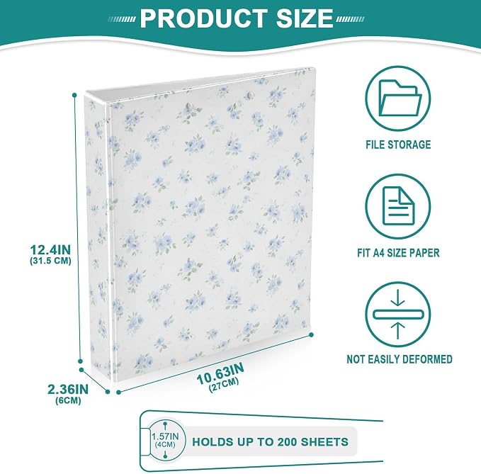 Blue Small Floral 3 Ring Binder 1.5 Inch 1 Pack with 200 Sheet for Kids School Supplies Women Men Office