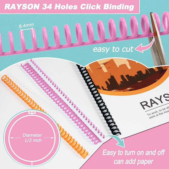 Rayson PROC1230PK Click Binding Spines, 3:1 Pitch, 1/2" Diameter, 90 Sheets Binding Capacity, Pink, 30/Box