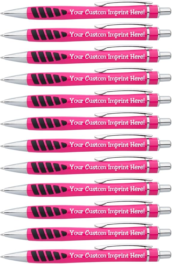 ExpressDesigns™ - Your Name or Imprint on our Custom Printed Addison Ballpoint Pen - Rubber Grip For Writing Comfort And Control, black ink, medium point - 12 Pack (Pink)