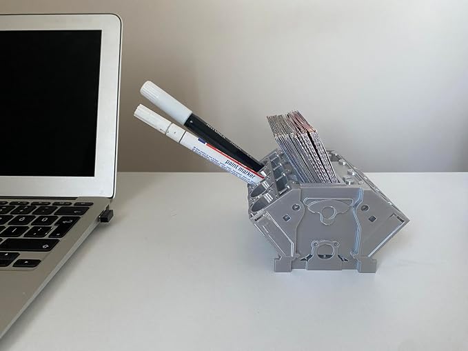 V8 Engine Business Card Holder - Shiny Silver Desk Decoration for Car Enthusiasts | 3D Printed PLA