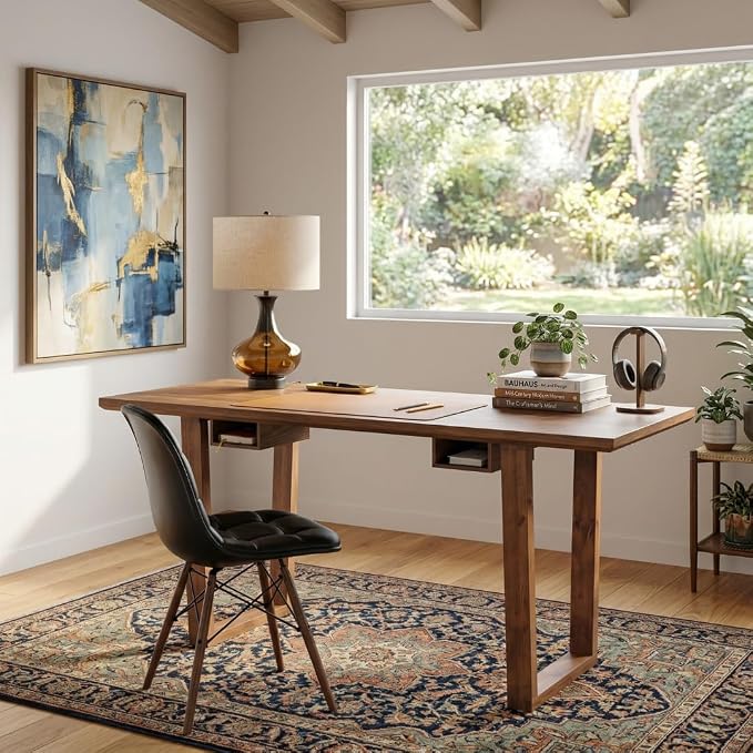 Hives & Honey Aiden Writing Desk, 64” Modern Wood Home Office Desk with Open Storage Compartments, Spacious Work Surface & Trapezoid Legs for Bedroom or Workspace, Oak
