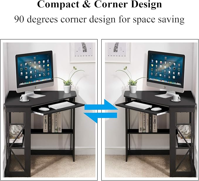 VECELO Corner Desk Computer Desk Writing Table with Smooth Keyboard Tray & Storage Shelves,Compact Home Office Triangle Table,Black