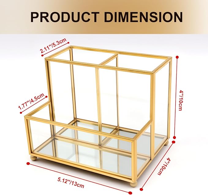 Glass Pen Holder for Desk,Gold Pencil Holder with 3 Compartments,Small Desk Organizer for Pens/Pencils/Sticky Notes,Stylish Clear Pen Organizer for Home Office Desk