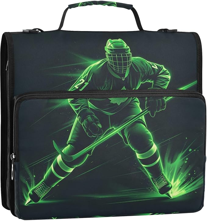 3 D-Ring Zipper Binder Bag, Green Hockey Player Removable Binder with Zipper Case Hold 300+ Sheets& 13 Inch Laptop for School Office Supplies Organizer