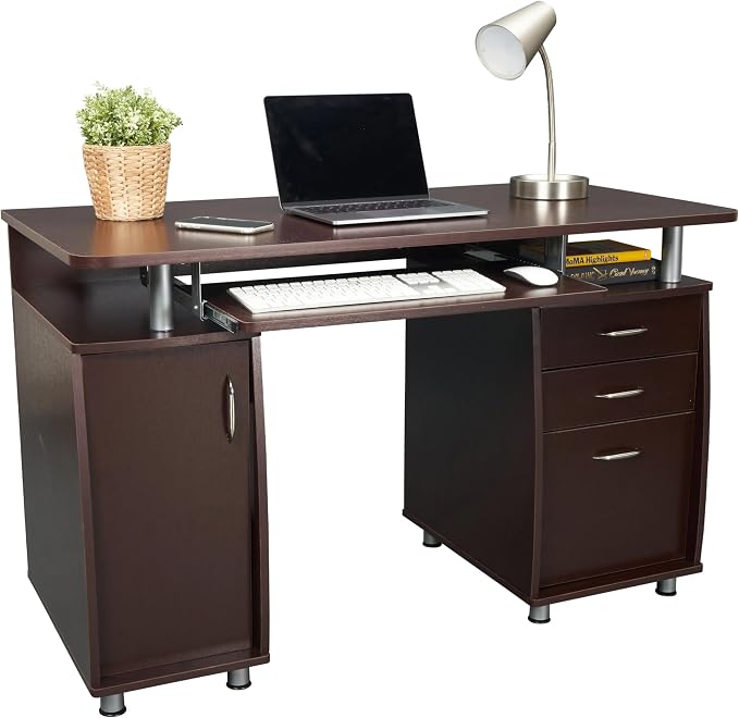 Techni Mobili 48''W Computer Desk with File Cabinet & Drawers, Brown | Home Office, Keyboard Tray, Storage, Computer Workstation, Ideal for home office, Workspace organization