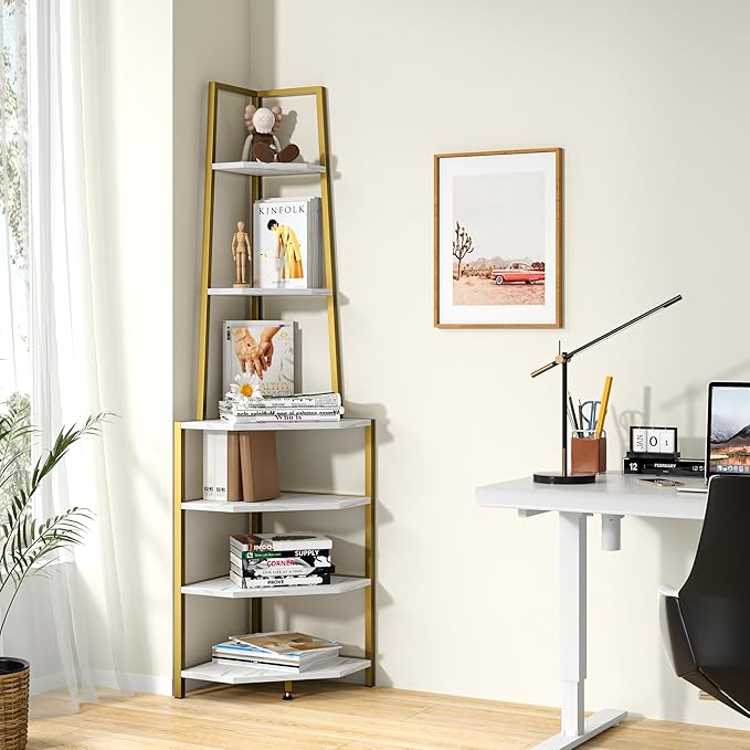 VECELO 6 Tier Corner Shelf 69 Inch Industrial Bookshelf with Metal Frame, Multipurpose Tall Plant Stand with Opening Display Shelves for Living Room, Bedroom, Home Office, Small Space, Gold