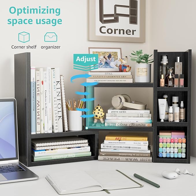 NUTIKAS Desk Shelves Desktop Organizer Shlef - Black Office Organization for Top of Desk Organizers and Accessories Corner Bookshelf Table Top Shelving Small Hutch Decorations for Office