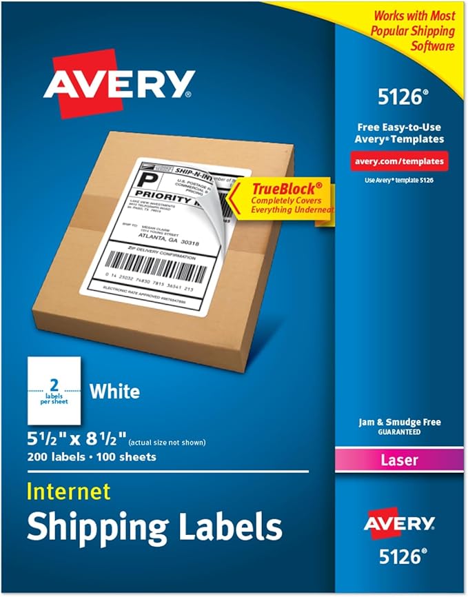 Avery Half-Sheet Printable Shipping Labels, 5.5" x 8.5" Customizable Stickers, White, 200 Blank Mailing Labels, Great for Mailing, Shipping, Organizing, and More (5126) (Pack of 5)