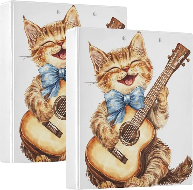 Guitar Player Cute Cat Binder 1.5 Inch Binder with Clipboard&Pockets, Music Kitty Cat Hardcover Binders 3 Ring Heavy Duty Large File Folder for Office School Supplies-Holds 200 Sheets, 2 Pack