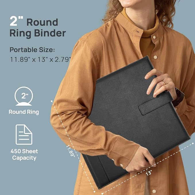 POPRUN 2 Inch PU Leather Portfolio Binder, Letter Size, Black | 2" Ring, Letter Size, PU Leather, Dividers, Document Organizer, Business, Meetings, Office