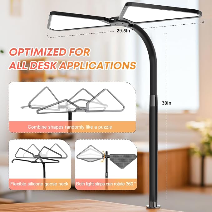 AILBTON Ultra-Large Gooseneck Desk Lamp with Clamp| Dual-Source Super Bright LED Study Light with Flexible Arms, 5 Brightness & 4 Color Modes for Home Office/Reading