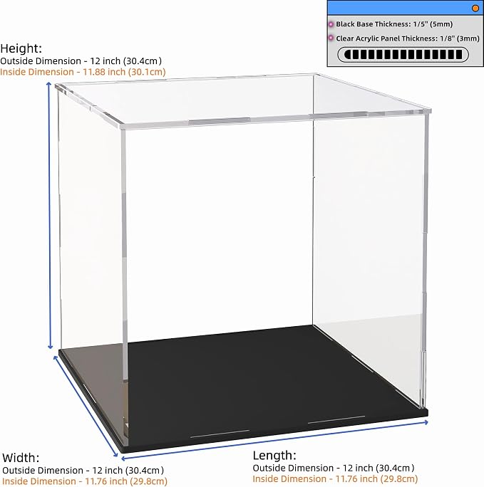 Acrylic Display Case 12x12x12 Inch, Clear Collectible Display Box with Matte Black Base, Dustproof Showcase for Figures, Models, Sports Memorabilia – Easy Self Assembly