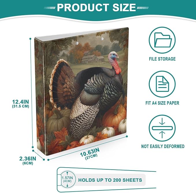 Turkey and Pumpkin Vintage Harvest Binder 3 Ring 1.5 Inch Binder with Clipboard&Pockets, Hardcover Binders Heavy Duty Large File Folder for Office School Supplies - Holds 200 Sheets, 2 PC