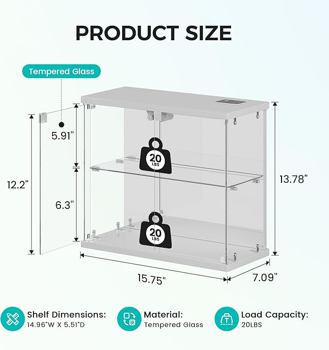 Dystler Glass Display Case with LED Lights, Small 2-Tier for Figures | Lighted Display Cabinet with Motion Sensor, Clear Tempered Glass Door, USB-C Charging Hub for Collectibles, Rocks, Tabletop