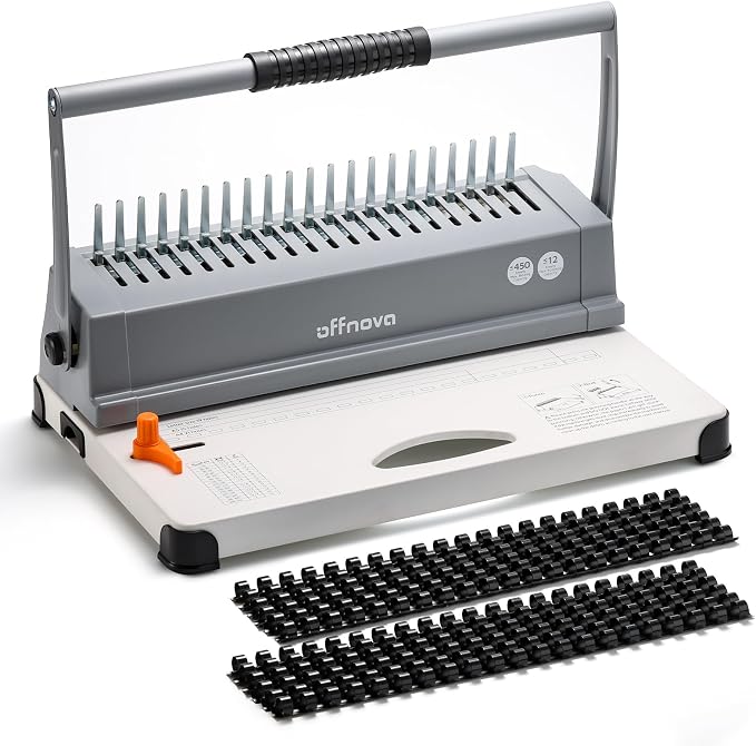 OFFNOVA Binding Machine, 21-Hole 450 Sheets Paper Comb Binding Machine for Letter Size / A4 / A5 Paper, Easy to Punch Handle, Adjustable Margin, Book Binder with 100 PCS 3/8'' Comb Binding Spines