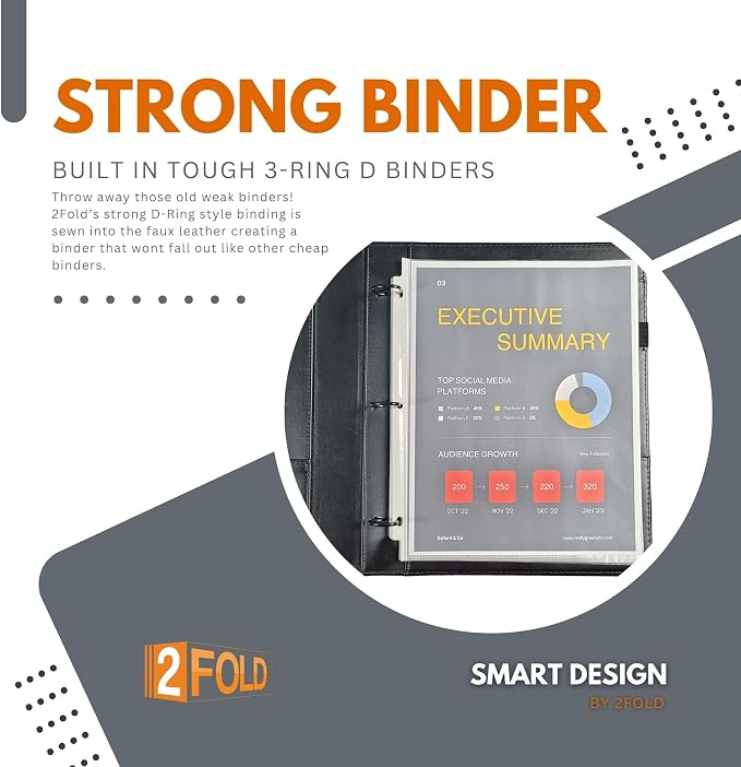 2Fold 3 Ring Binder 1 Inch with Clear Front Pocket - Premium PU Faux Leather Presentation Binder - Extra Storage Pockets for Office Supplies, Business Card Holder, and Pen/Pencil Loop (1 Inch, Red)