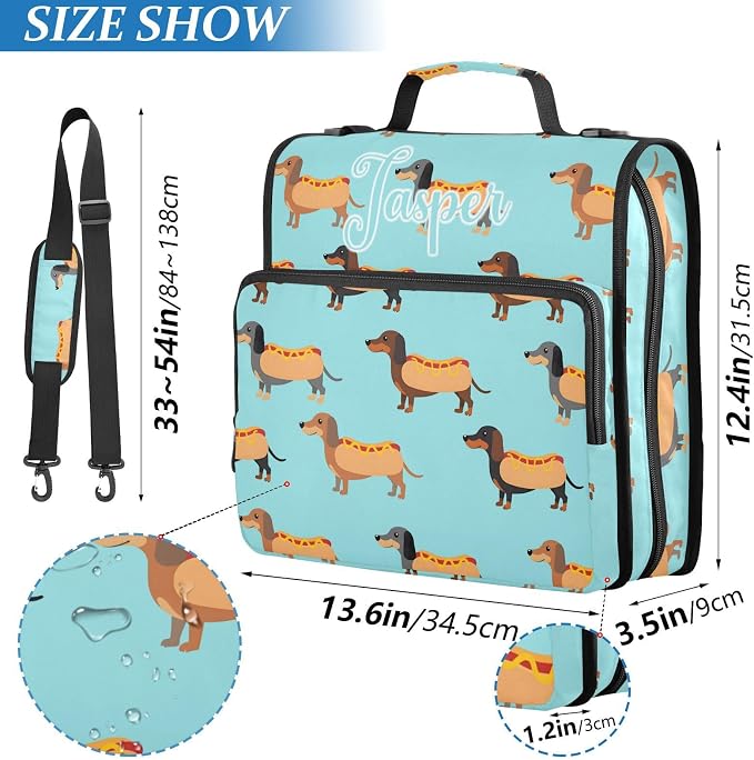 Custom Personalized Name Cute Dachshunds Hotdog Blue Zipper Binder 3 Ring