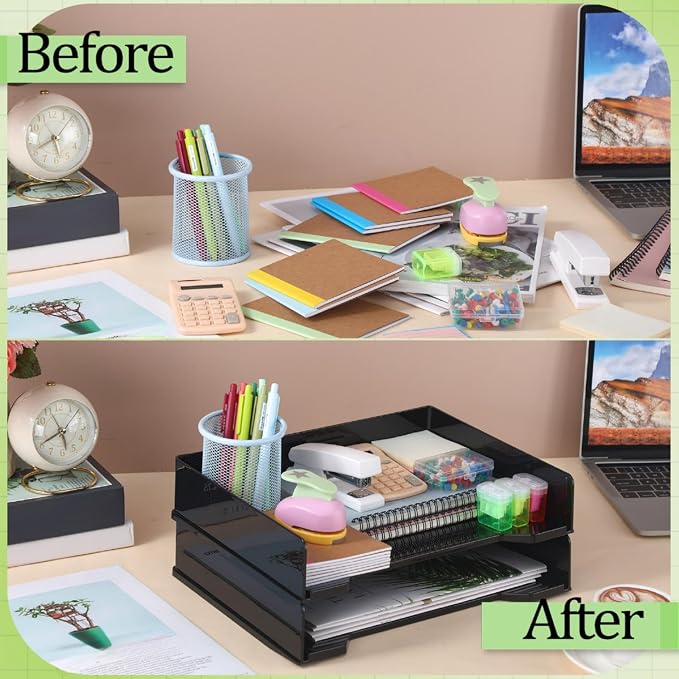 DoubleFill 2 Pcs Stackable Letter Tray Rectangular Plastic Desk Organizer 13 x 9.5 x 2.6 in Paper Holder File Tray Accessories Rack for Desktop Office Desk Drawers (Black)