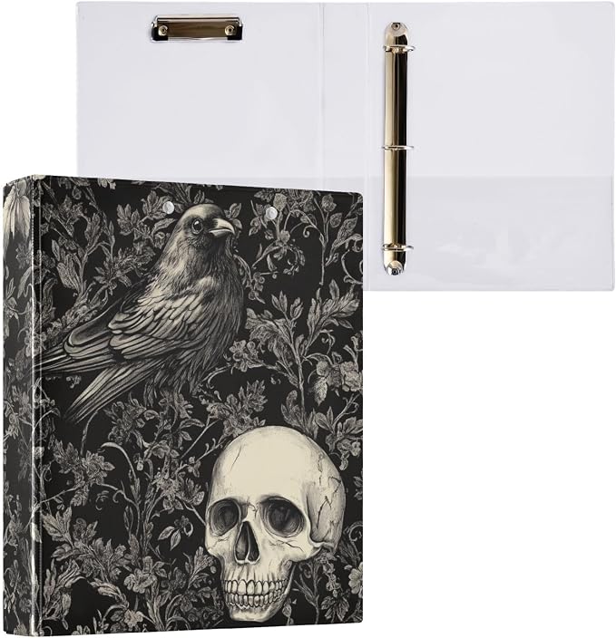 Gothic Skull with Crow Goth Black Binder 1.5 Inch Binder with Clipboard&Pockets, Hardcover Binders 3 Ring, Heavy Duty Large File Folder for Office School Supplies - Holds 200 Sheets