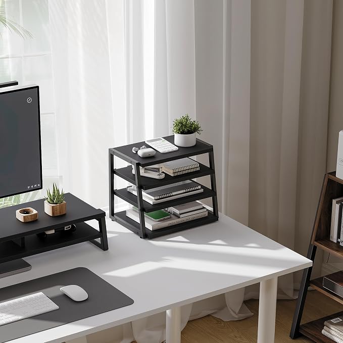 Fenge Desk Shelf Organizer, 4-Tier Tower Desktop Office Shelves, Black | Wood and Metal Open Shelf, Corner File Organizer for Office Supplies, Top of Desk Organizers and Accessories