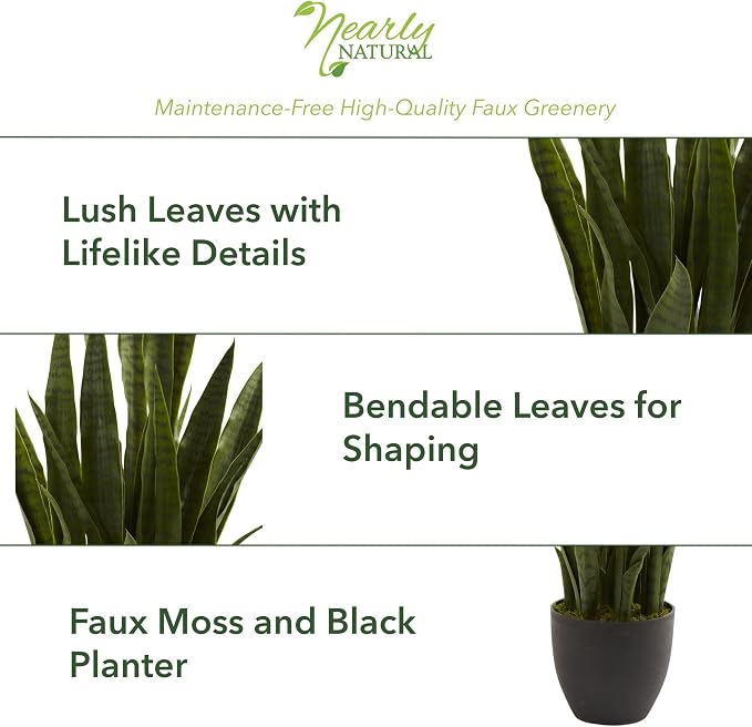 Nearly Natural 35 in Artificial Sansevieria Plant with Black Planter | Artificial Snake Plant, Faux Greenery, Indoor Home and Office Decor, Low-Maintenance