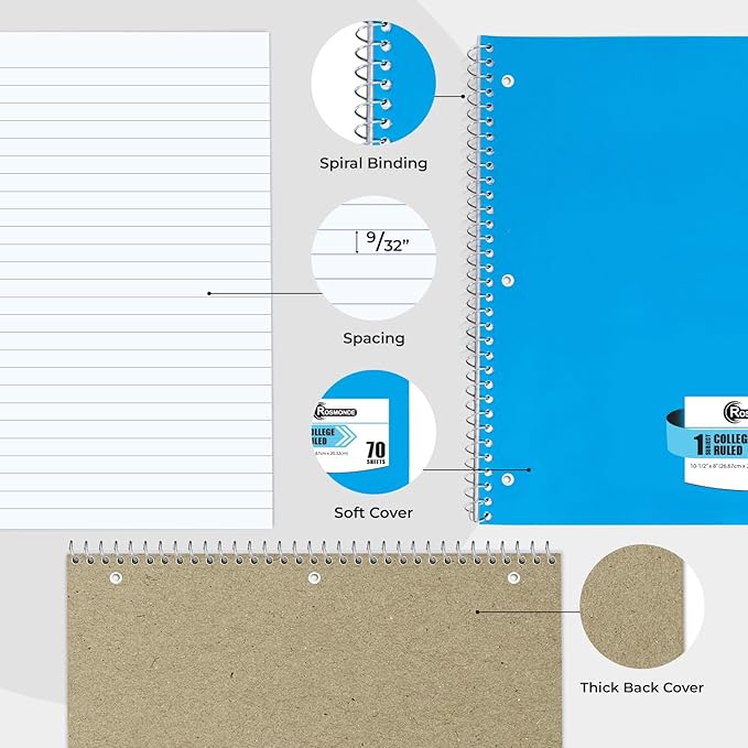 Rosmonde 720 Packs (Pallet) 1 Subject Notebooks, Spiral Notebook Bulk, College Ruled, Pallet of Notebooks,70 Sheets (140 pages), 8 x 10-1/2",Bulk Spiral Notebooks for School & Office, 4-7 Days Transit