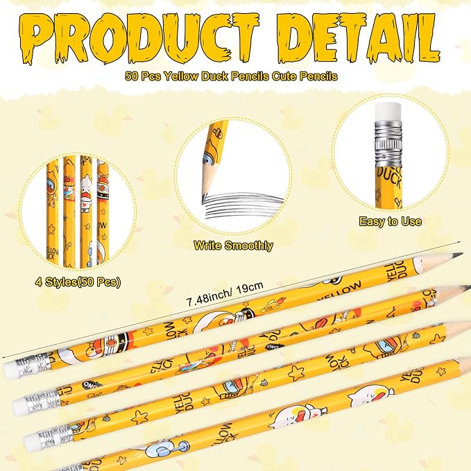 Inspirational Gift 50 Yellow Motivational Duck Pencils Cute Pencils 25 Duck Pencil Sharpener 25 Yellow Eraser 25 Welcome Cards Gift for Kids
