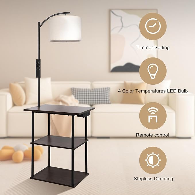 PESRAE Floor Lamp with Remote, Adjustable 3000K-6000K Colors & Brightness Bulb, End Table with Charging Station(USB & Type-C & AC Port), Modern Shelves Side Table for Bedroom, Living Room, Office