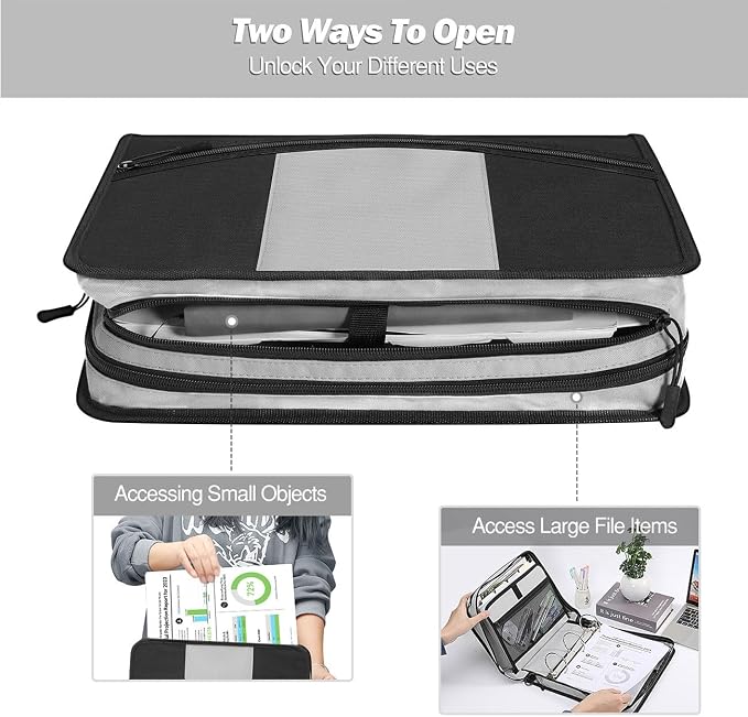 MoKo Zipper Binder with Strap, 3 Inch 3 O Ring, 600 Sheets, Black & Gray | Water-repellent nylon with 2 folders, 2 mesh pockets and a outer pockets, reinforced handle and adjustable shoulder strap.