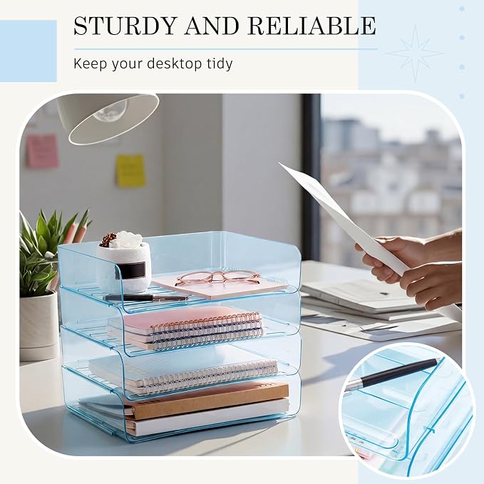 Harloon 4 Tier Clear Blue Acrylic Paper Organizer Letter Tray, Aesthetic Stackable Desk File Organizer Paper Holder Office Tray for A4, Modern Classroom Office Home File Pad Books Notes